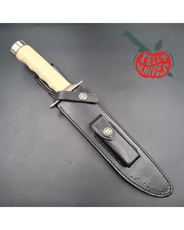 Randall Made Knives Model 1-8 forged stainless steel ivorite handle black leather sheath with stone