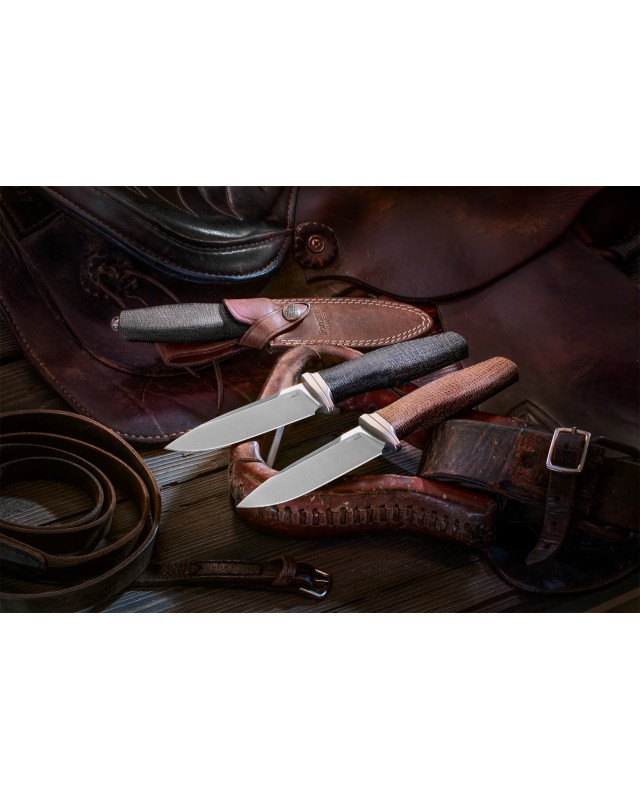 LionSteel ACHA fixed blade M390 premium steel satin finish blade Black Micarta handle brown leather sheath