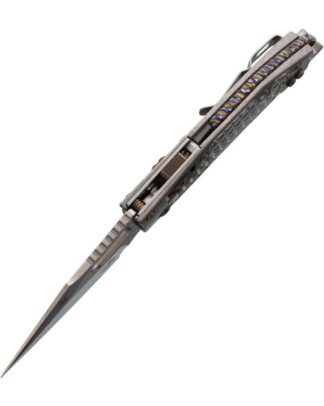 Microtech Stitch Marfione Select M390MK steel stonewash Finish Frag Pattern Titanium handle bronze hardware