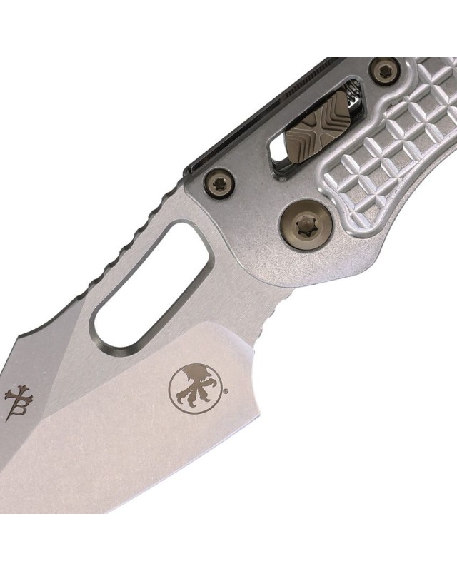 Microtech Stitch Marfione Select M390MK steel stonewash Finish Frag Pattern Titanium handle bronze hardware