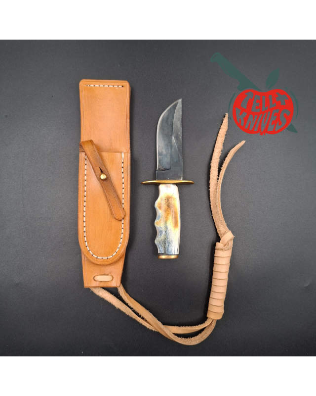La Grotte du Loup Mini Hunter forged carbon steel blade brass guard and pommel moose bone handle