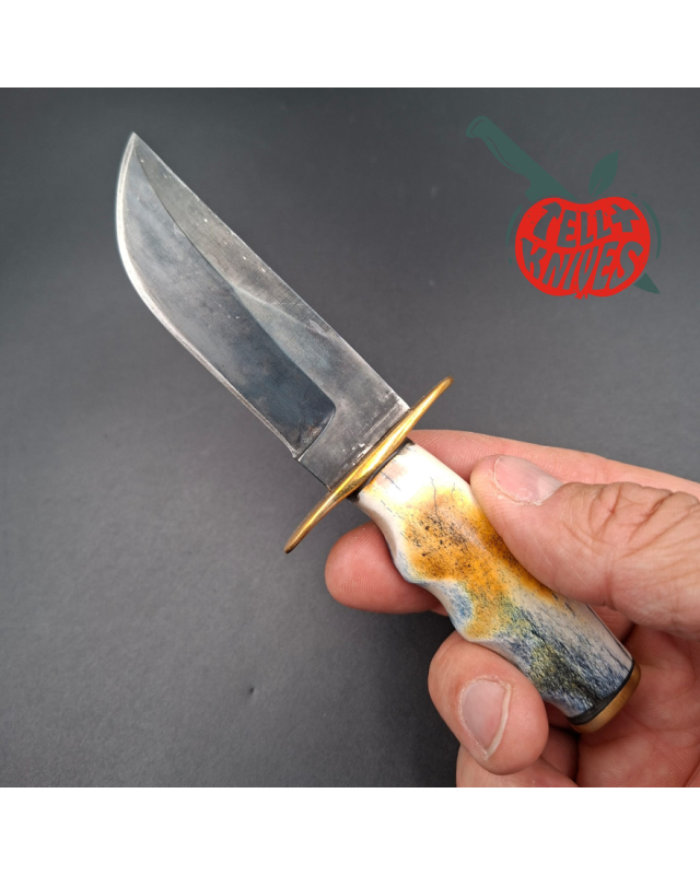 La Grotte du Loup Mini Hunter forged carbon steel blade brass guard and pommel moose bone handle