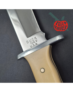 BUCK 1989 Euro Edition 124 Frontiersman 420HC steel miror finish blade white micarta handle black leather sheath