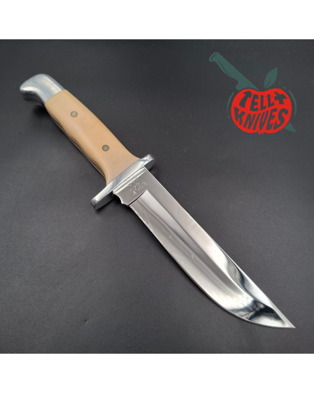 BUCK 1989 Euro Edition 124 Frontiersman 420HC steel miror finish blade white micarta handle black leather sheath