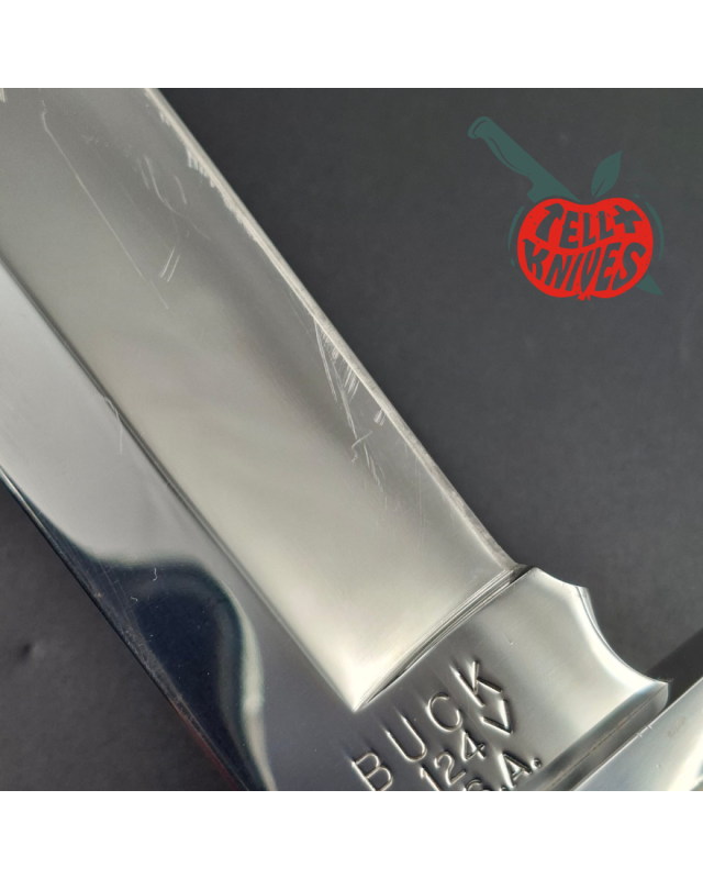 BUCK 1989 Euro Edition 124 Frontiersman 420HC steel miror finish blade white micarta handle black leather sheath