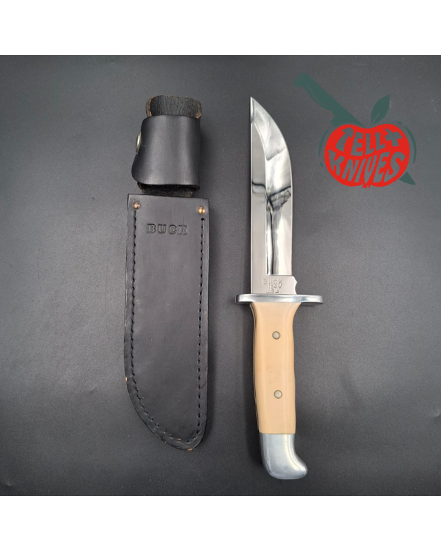 BUCK 1989 Euro Edition 124 Frontiersman 420HC steel miror finish blade white micarta handle black leather sheath