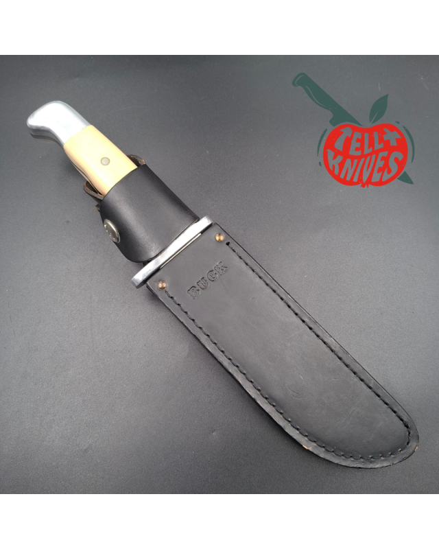 BUCK 1989 Euro Edition 124 Frontiersman 420HC steel miror finish blade white micarta handle black leather sheath