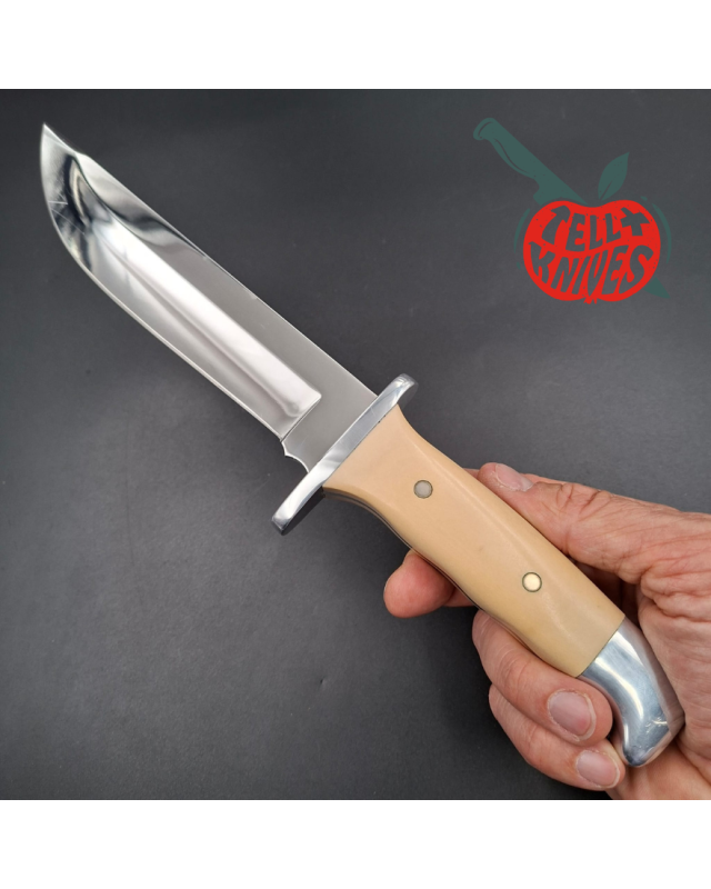 BUCK 1989 Euro Edition 124 Frontiersman 420HC steel miror finish blade white micarta handle black leather sheath