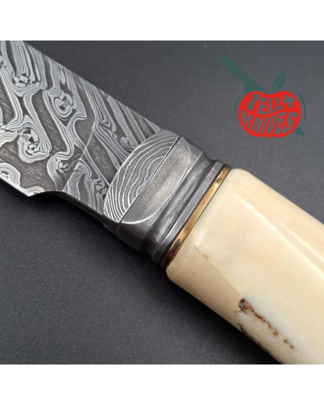 Michal Komorovsky Hunting Knife Damascus carbon steel walrus tooth handle black leather sheath