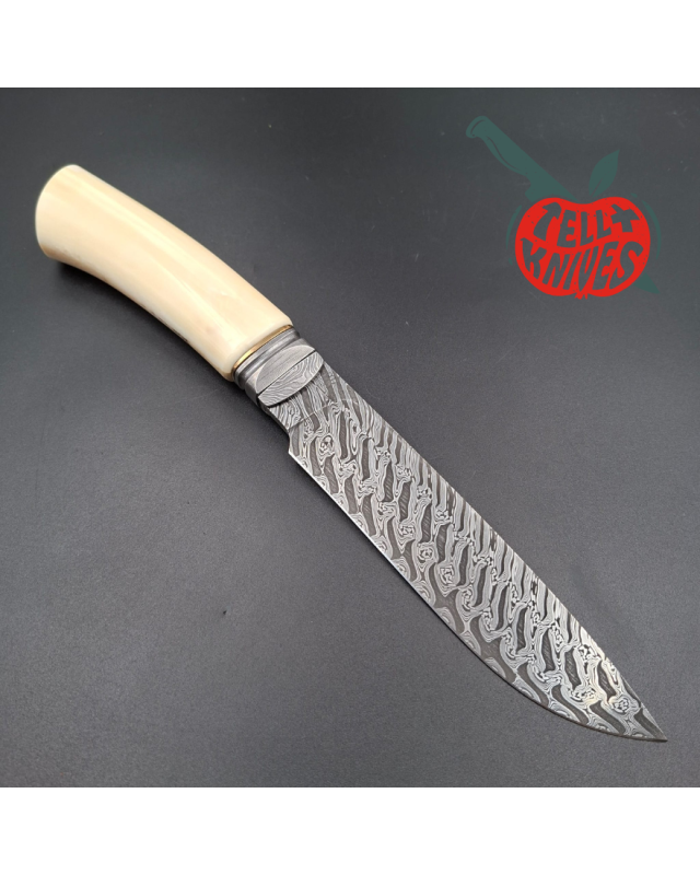 Michal Komorovsky Hunting Knife Damascus carbon steel walrus tooth handle black leather sheath