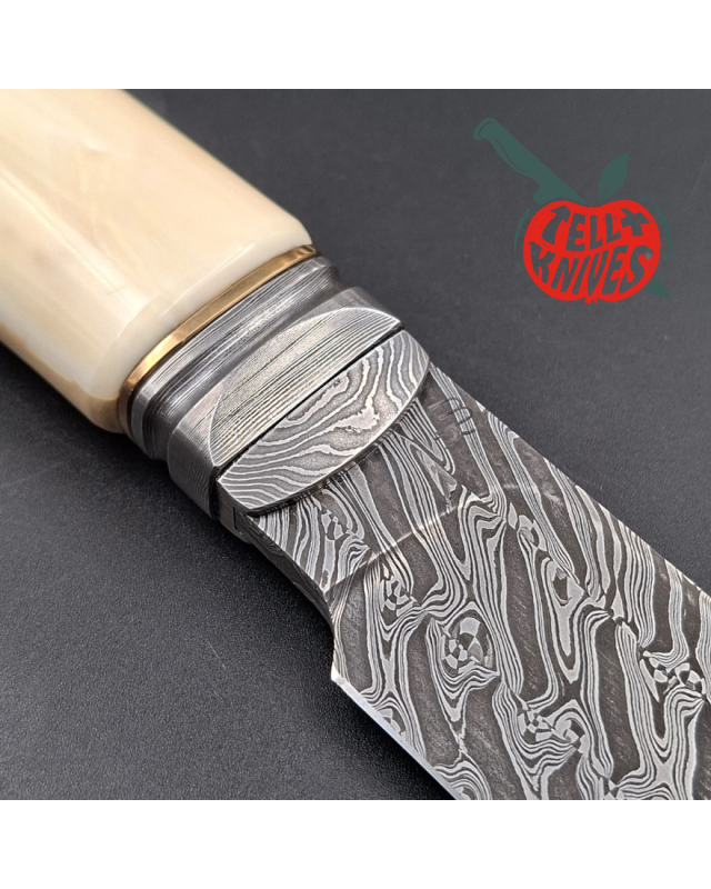 Michal Komorovsky Hunting Knife Damascus carbon steel walrus tooth handle black leather sheath