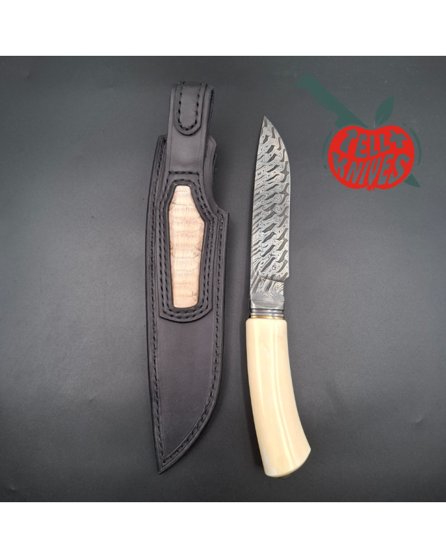 Michal Komorovsky Hunting Knife Damascus carbon steel walrus tooth handle black leather sheath