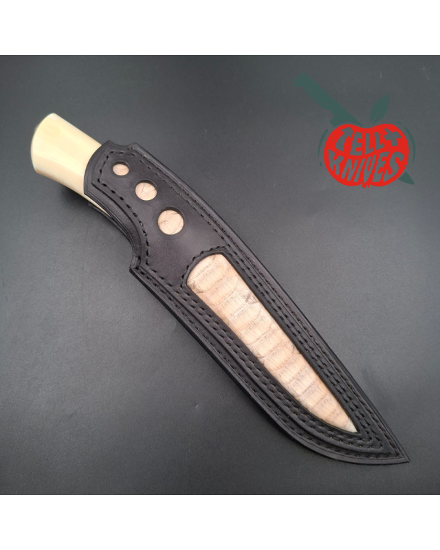 Michal Komorovsky Hunting Knife Damascus carbon steel walrus tooth handle black leather sheath