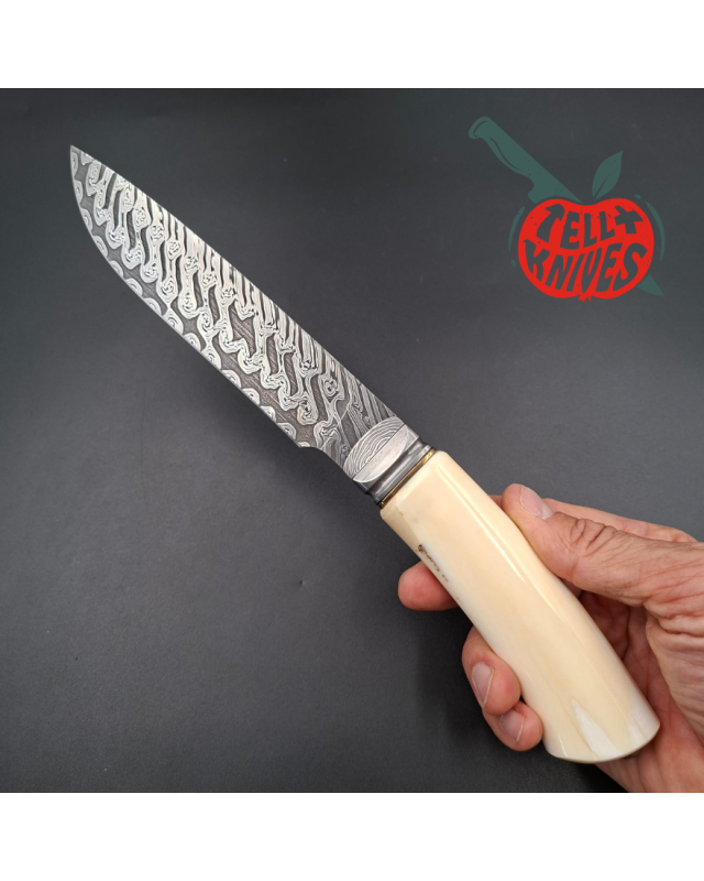 Michal Komorovsky Hunting Knife Damascus carbon steel walrus tooth handle black leather sheath