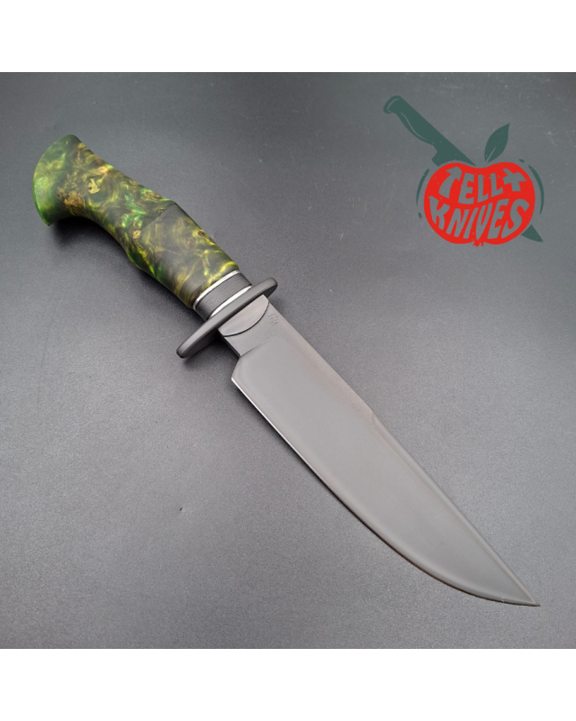 Michal Komorovsky Hunting Knife V4e steel black DLC coating 62HRC zombie green stabilized maple wood handle black leather sheath