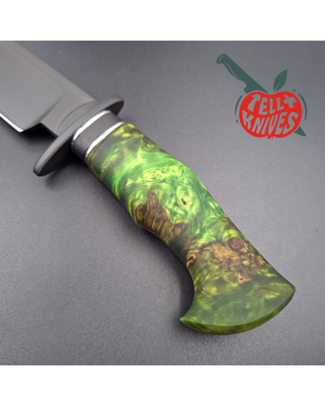 Michal Komorovsky Hunting Knife V4e steel black DLC coating 62HRC zombie green stabilized maple wood handle black leather sheath