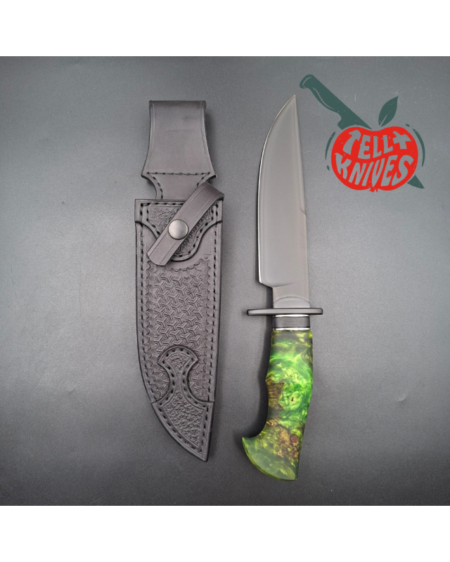 Michal Komorovsky Hunting Knife V4e steel black DLC coating 62HRC zombie green stabilized maple wood handle black leather sheath