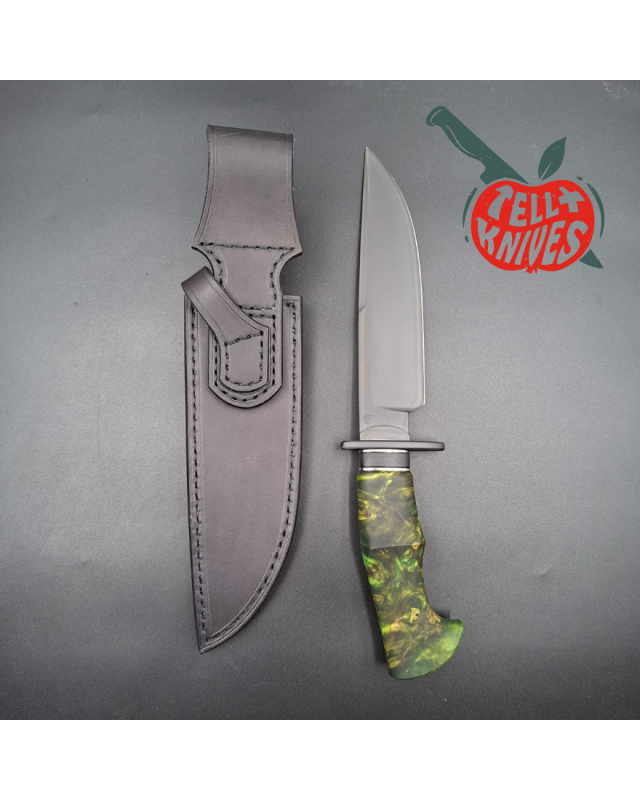 Michal Komorovsky Hunting Knife V4e steel black DLC coating 62HRC zombie green stabilized maple wood handle black leather sheath