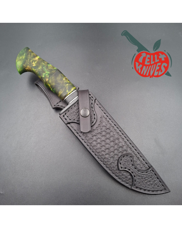 Michal Komorovsky Hunting Knife V4e steel black DLC coating 62HRC zombie green stabilized maple wood handle black leather sheath