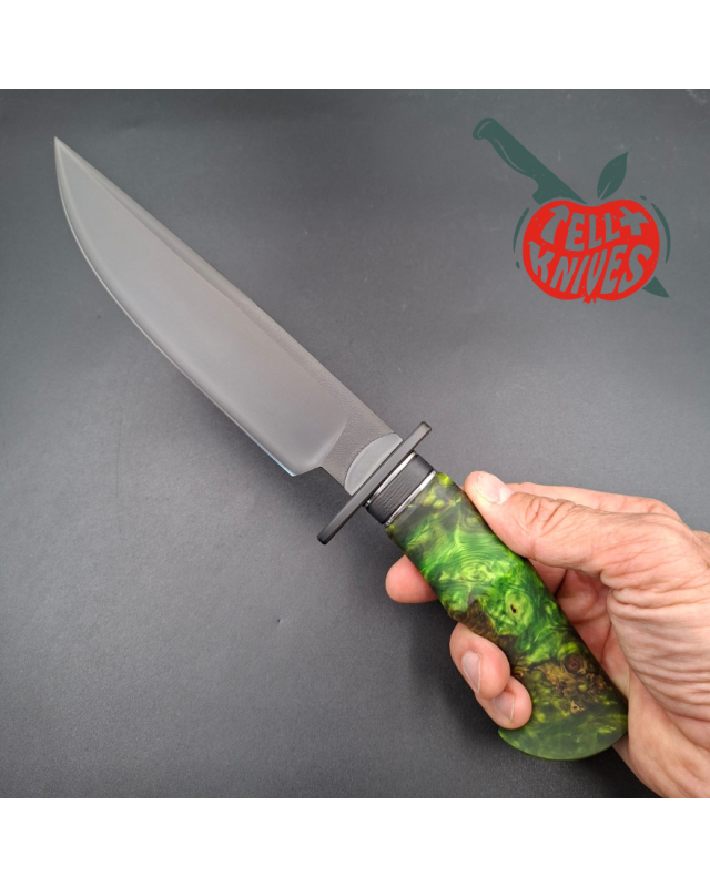 Michal Komorovsky Hunting Knife V4e steel black DLC coating 62HRC zombie green stabilized maple wood handle black leather sheath