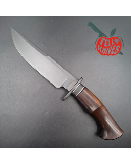 Michal Komorovsky Hunting Knife V4e steel black DLC coating 62HRC Arizona Ironwood handle brown leather sheath