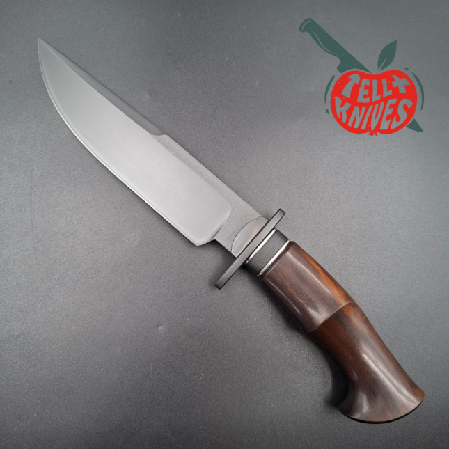 Michal Komorovsky Hunting Knife V4e steel black DLC coating 62HRC Arizona Ironwood handle brown leather sheath