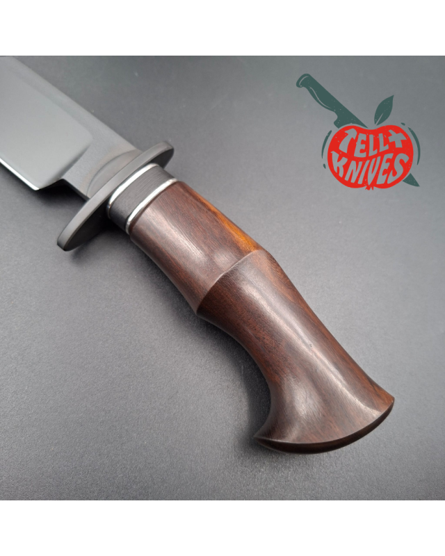Michal Komorovsky Hunting Knife V4e steel black DLC coating 62HRC Arizona Ironwood handle brown leather sheath