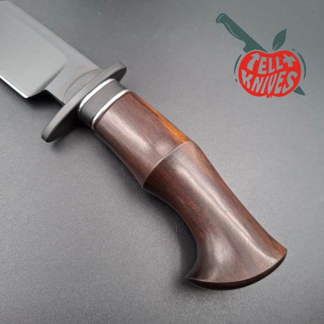 Michal Komorovsky Hunting Knife V4e steel black DLC coating 62HRC Arizona Ironwood handle brown leather sheath