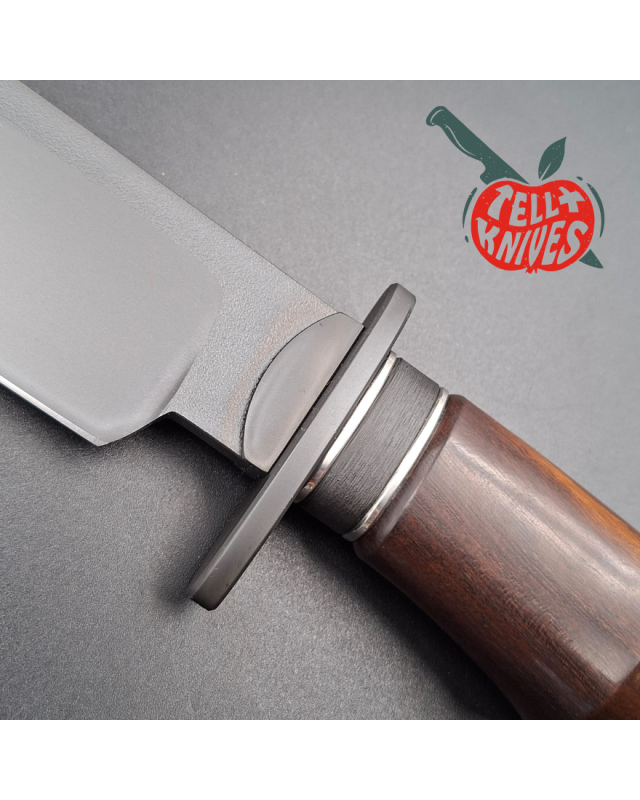 Michal Komorovsky Hunting Knife V4e steel black DLC coating 62HRC Arizona Ironwood handle brown leather sheath