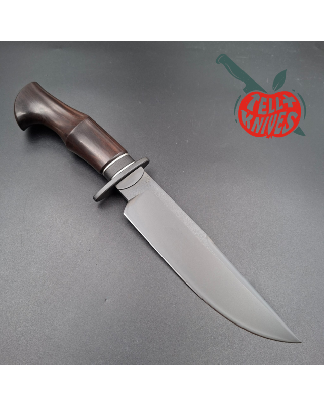 Michal Komorovsky Hunting Knife V4e steel black DLC coating 62HRC Arizona Ironwood handle brown leather sheath
