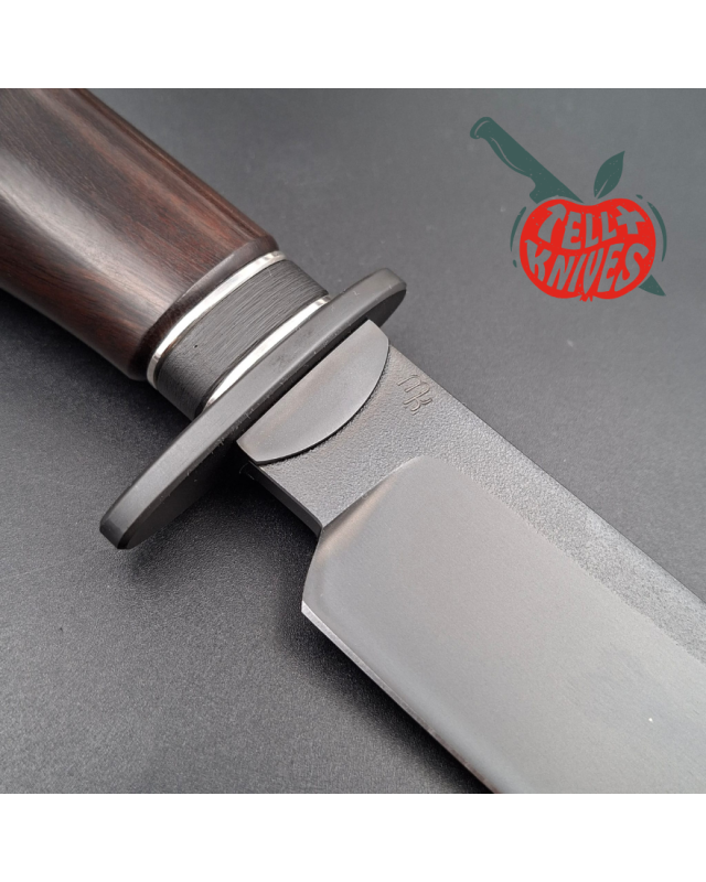 Michal Komorovsky Hunting Knife V4e steel black DLC coating 62HRC Arizona Ironwood handle brown leather sheath
