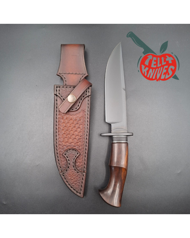 Michal Komorovsky Hunting Knife V4e steel black DLC coating 62HRC Arizona Ironwood handle brown leather sheath