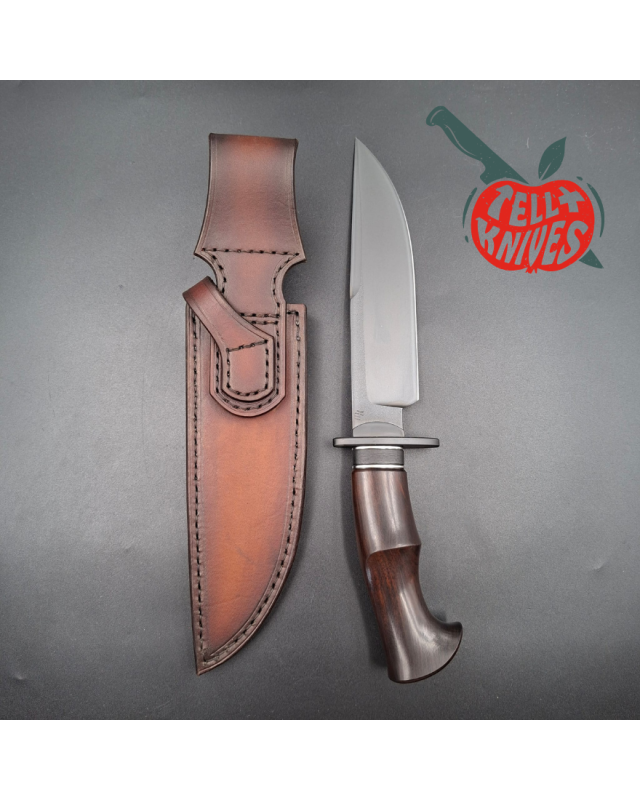 Michal Komorovsky Hunting Knife V4e steel black DLC coating 62HRC Arizona Ironwood handle brown leather sheath