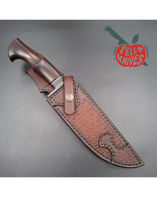 Michal Komorovsky Hunting Knife V4e steel black DLC coating 62HRC Arizona Ironwood handle brown leather sheath