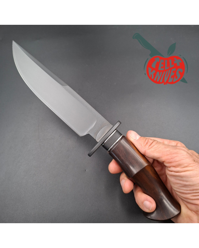 Michal Komorovsky Hunting Knife V4e steel black DLC coating 62HRC Arizona Ironwood handle brown leather sheath