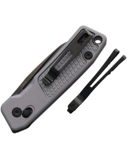 SRM Scout black DLC coated 14C28N Sandvik stainless steel blade gray frag pattern aluminium handle crossbar lock