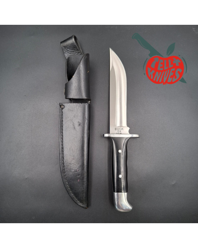 BUCK 1972-1986 124 Frontiersman 420HC steel blade black micarta handle black leather sheath