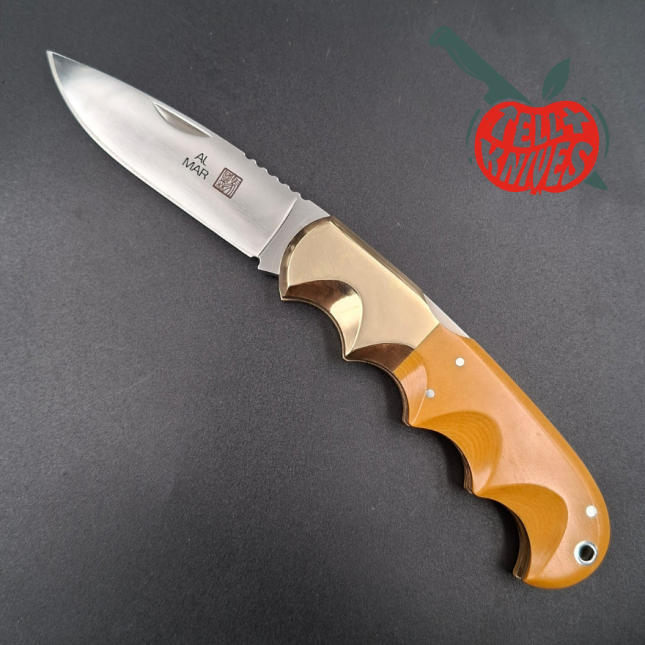 Al Mar 1979-1981 1006 Buzzard AUS6 stainless steel micarta handle brown leather sheath