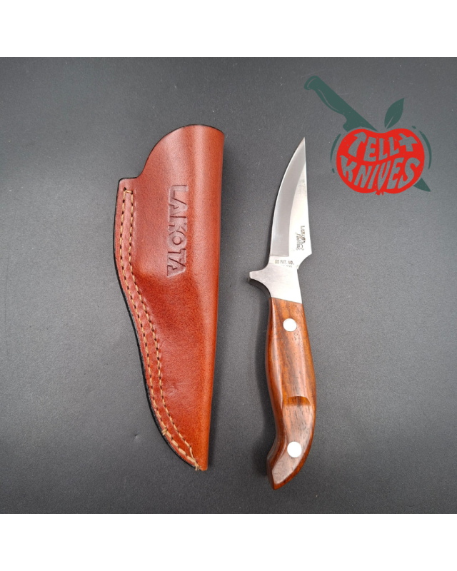 LAKOTA 273 FinWing hunting knife full tang AUS8A stainless steel satin finish blade mahogany wood handle brown leather sheath