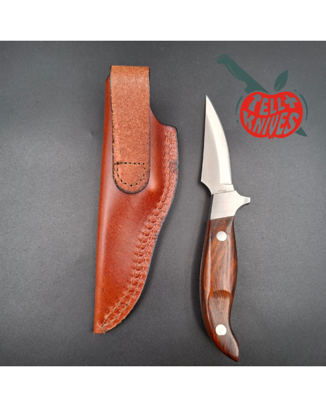 LAKOTA 273 FinWing hunting knife full tang AUS8A stainless steel satin finish blade mahogany wood handle brown leather sheath