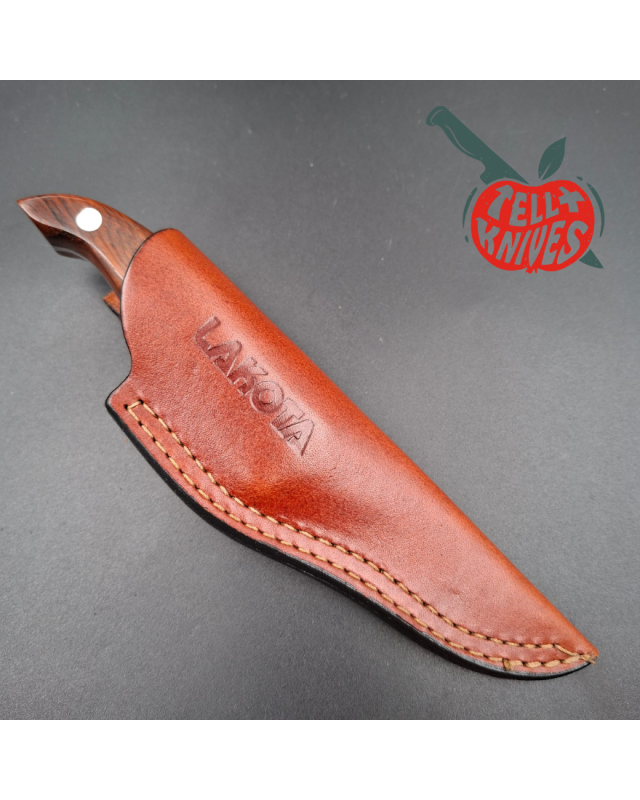 LAKOTA 273 FinWing hunting knife full tang AUS8A stainless steel satin finish blade mahogany wood handle brown leather sheath