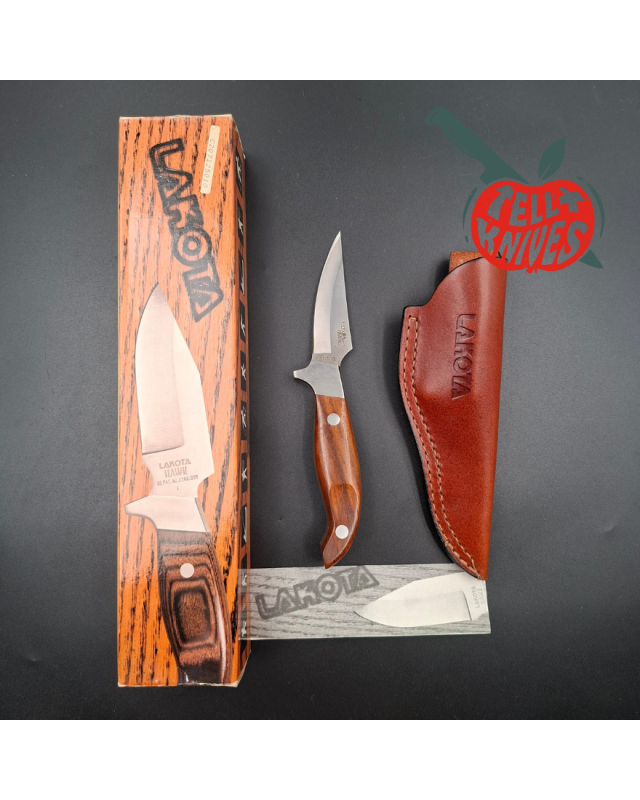 LAKOTA 273 FinWing hunting knife full tang AUS8A stainless steel satin finish blade mahogany wood handle brown leather sheath