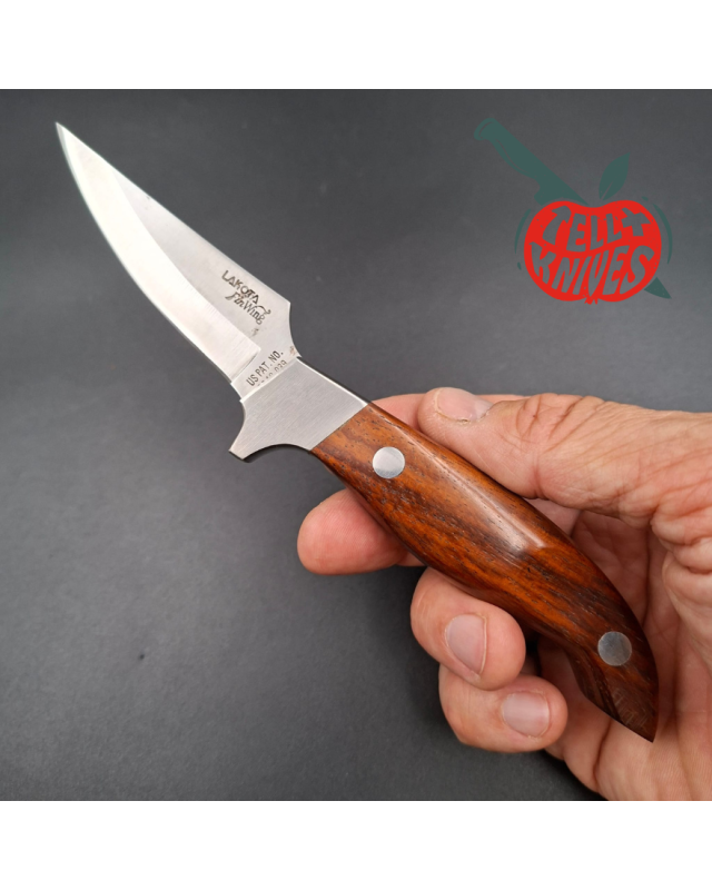 LAKOTA 273 FinWing hunting knife full tang AUS8A stainless steel satin finish blade mahogany wood handle brown leather sheath