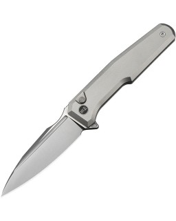 WE Knife Co Dressytak Satin finish Bohler M390 Steel Blade Grey Titanium Handle Button lock