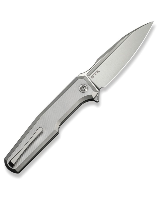 WE Knife Co Dressytak Satin finish Bohler M390 Steel Blade Grey Titanium Handle Button lock