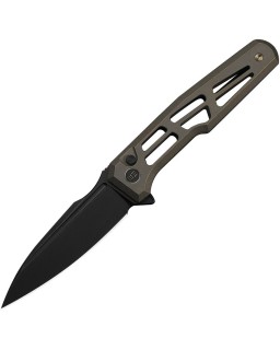 We Knife Dressytak Blackwashed Bohler M390 Steel Blade Skeleton Bronze Anodized Titanium Handle Button lock