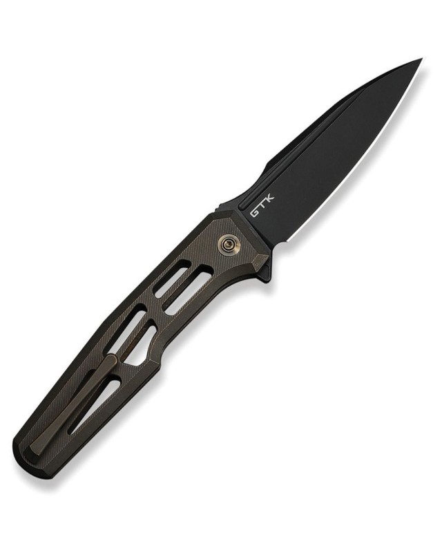 We Knife Dressytak Blackwashed Bohler M390 Steel Blade Skeleton Bronze Anodized Titanium Handle Button lock