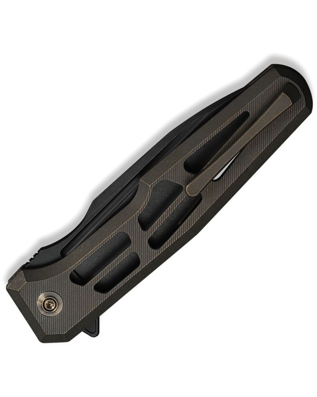 We Knife Dressytak Blackwashed Bohler M390 Steel Blade Skeleton Bronze Anodized Titanium Handle Button lock