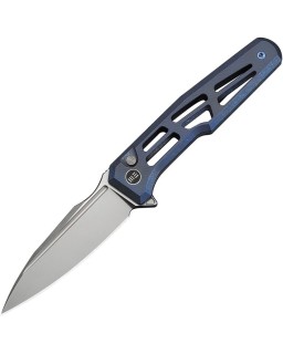 We Knife Dressytak Stonewashed Bohler M390 Steel Blade Skeleton Blue Anodized Titanium Handle Button lock