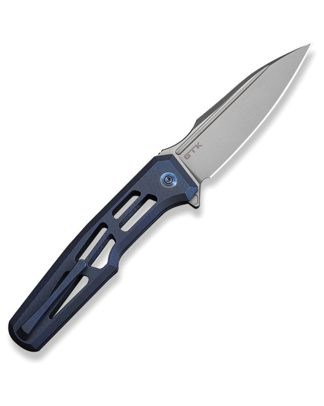 We Knife Dressytak Stonewashed Bohler M390 Steel Blade Skeleton Blue Anodized Titanium Handle Button lock